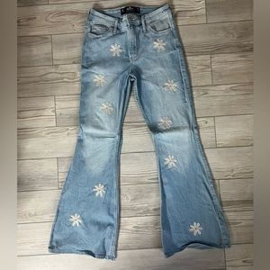 Hollister Flare Blue Jeans W/ White Flowers